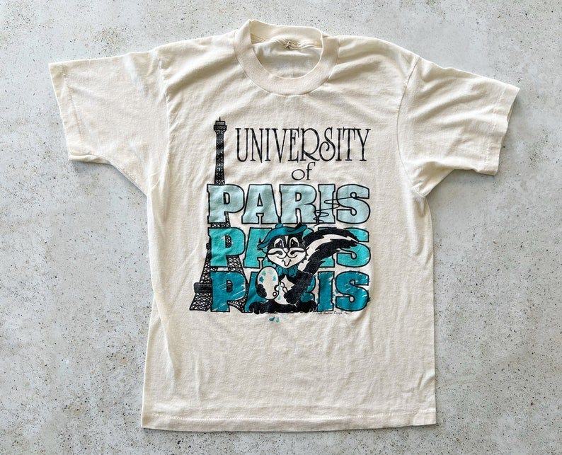 Vintage T-Shirt PARIS France College University Graphic Tee Shirt Top Pullover 90s Cream Beige Size S/M image 2