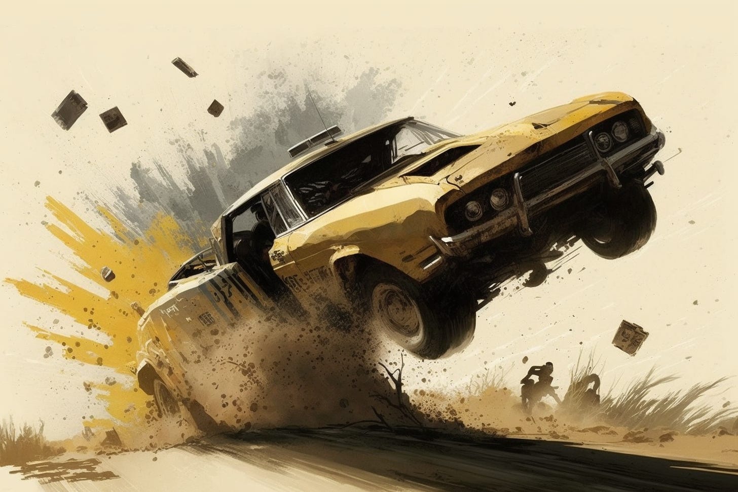 A car the moment it starts to flip in a expressive water colour style mostly in mustard yellows.