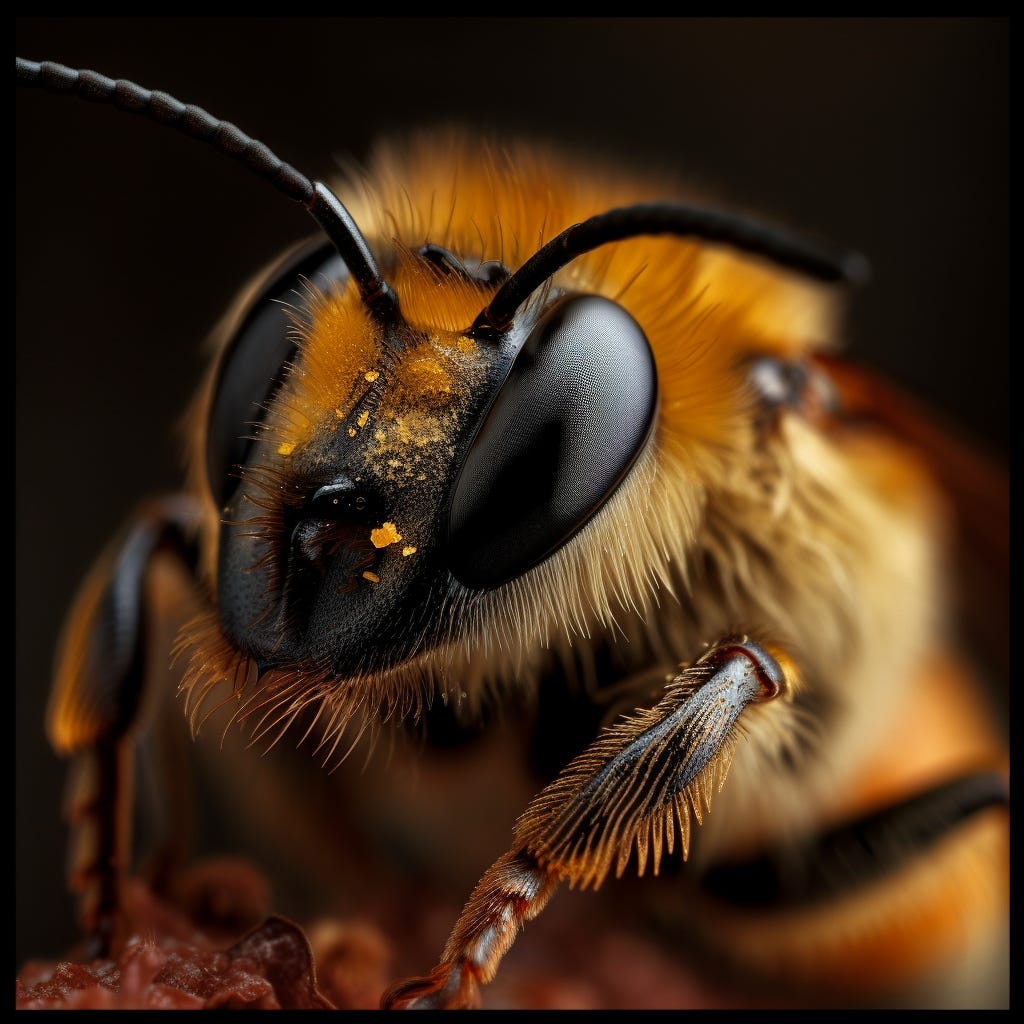 Macro phot of a bee, close-up. Generated by Midjourney.
