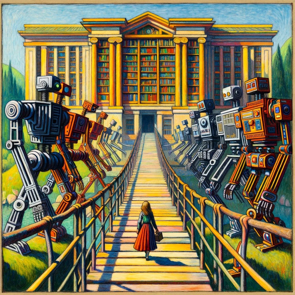 This image is a painting in the style of Paul Cézanne, depicting a young girl in a red dress crossing a bridge toward a grand library. The bridge is constructed from an array of robots on either side, each with different designs, suggesting a fusion of technology and tradition. The library in the background stands tall with an impressive facade, adorned with columns and filled with books, indicating a place of knowledge and learning. The entire scene is rendered with bold colors and distinct brushstrokes, giving the composition a vibrant and somewhat surreal quality.
