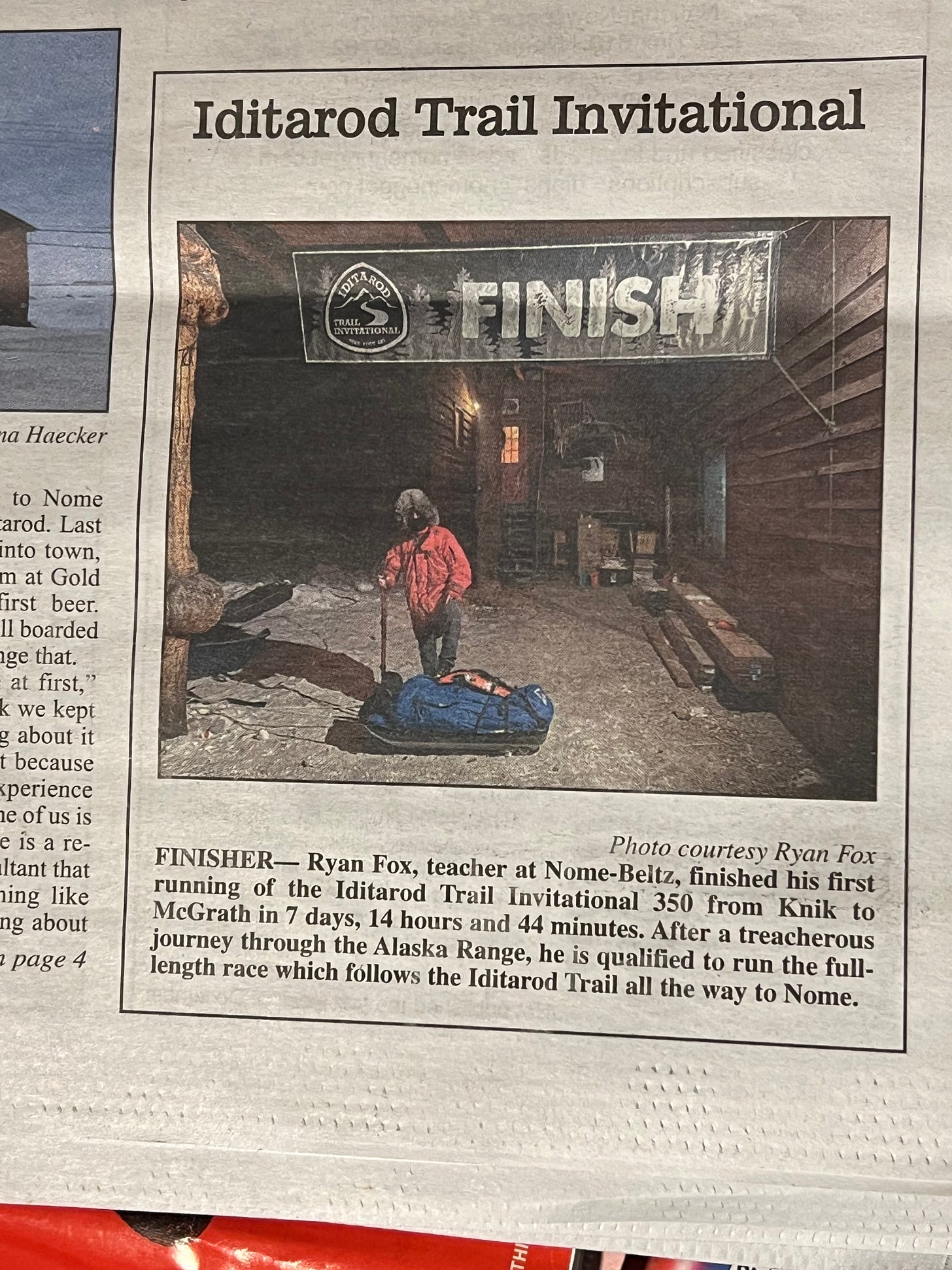 Image of a newspaper clipping featuring a teacher who walked to McGrath as part of the Iditarod Trail Invitational