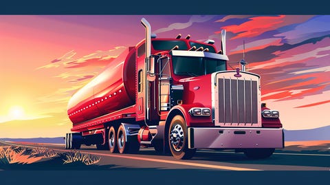 Illustration of a colorful semi-truck featuring a red cab and trailer.