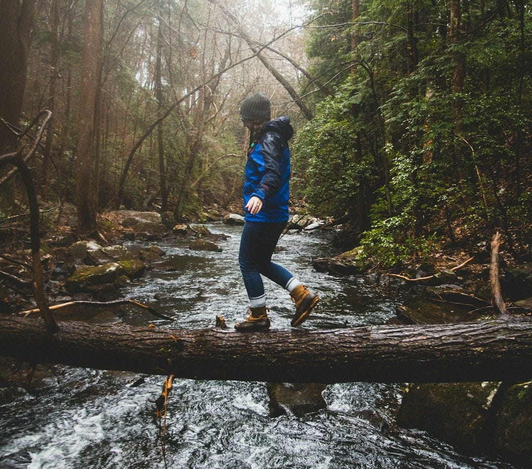 man walking on brown tree trunk