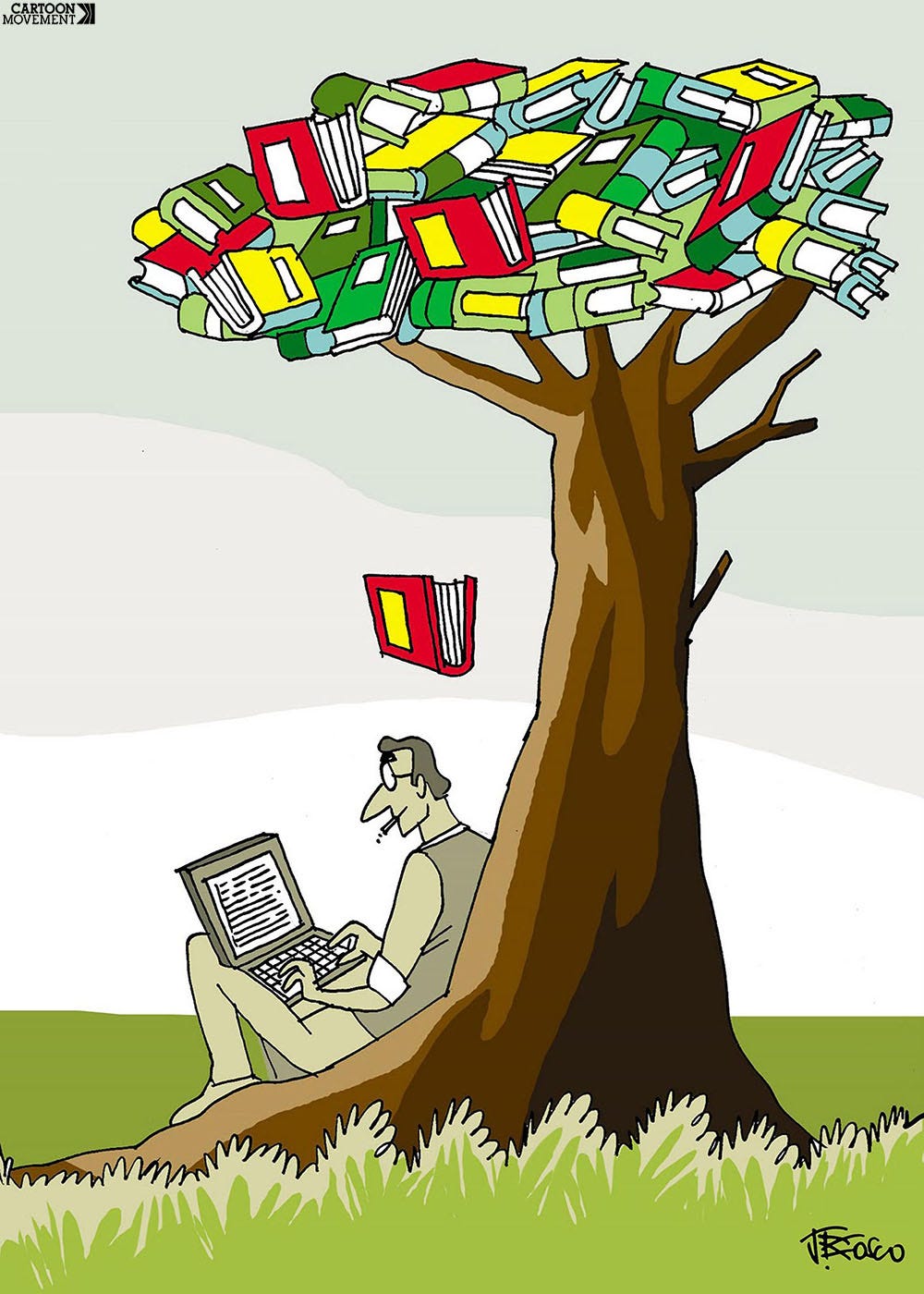 A man sits under a tree working on a computer. The leaves of the tree are made from books. One books is in the process of falling on the man's head.