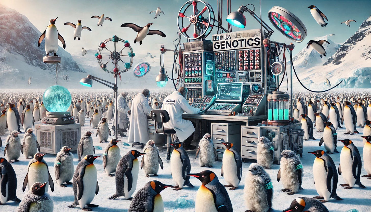 A surreal and visually striking scene combining futuristic technology and nature: a high-tech Ultima Genomics research lab situated in an icy Antarctic landscape, surrounded by numerous penguins. Some penguins are unusually dressed in lab coats, interacting with bizarre and colorful equipment. Among them are a few scruffy and tired penguins, looking like they are struggling to keep up. The whole scene has a fantastical yet realistic vibe, with intricate details in the lab equipment and the icy surroundings, and a cool, almost otherworldly atmosphere.