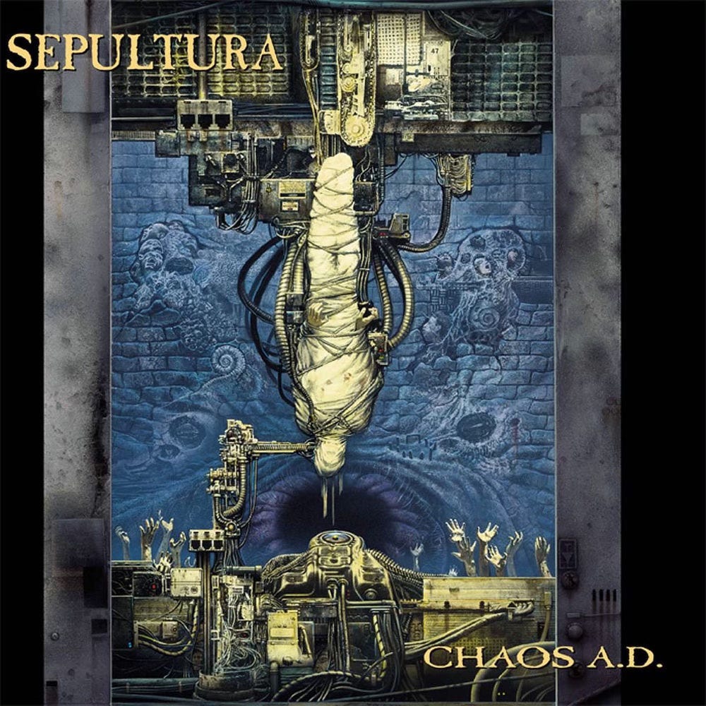 Album cover for CHAOS A.D. by Sepultura, distributed by Roadrunner Records