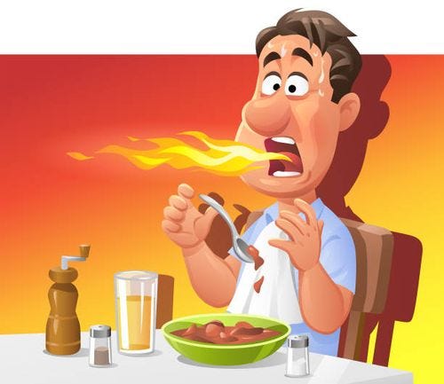 man eating spicy dinner - hot spicy food stock illustrations