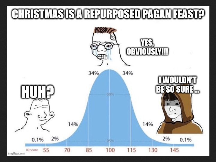 The image asks, "Christmas is a repurposed pagan feast?"  The most ignorant respondent replies with a baffled "Huh?"  The mainstream, middle thinker says, "Yes! Obviously!"  But the most astute thinker answers, "I wouldn't be so sure ..."