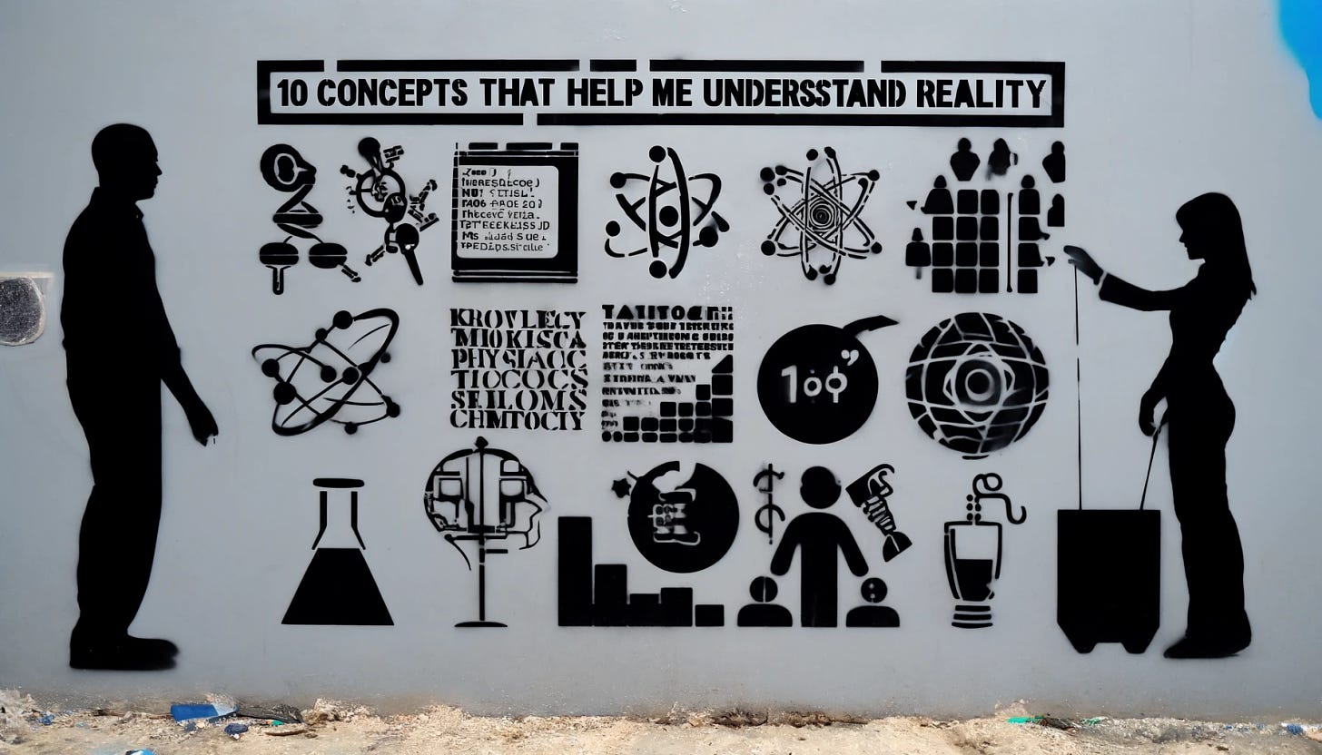 Craft a visually striking, stencil-style graffiti mural on a concrete wall, capturing "10 concepts that help me understand reality" in a more rational and less spiritual manner. This mural should emphasize logical and scientific elements that symbolize knowledge, critical thinking, technology, mathematics, physics, biology, chemistry, sociology, economics, and political science. Each concept is represented with a distinct, recognizable symbol: a microchip for technology, a mathematical equation for mathematics, an atom for physics, a DNA strand for biology, a test tube for chemistry, social network icons for sociology, currency symbols for economics, and a ballot box for political science. The design incorporates sharp lines, geometric shapes, and a monochromatic color scheme, with each symbol connected by digital lines or circuit patterns, suggesting the interconnectedness of these disciplines in understanding reality. The overall effect is a bold statement on the importance of rational thought and scientific inquiry in making sense of the world.