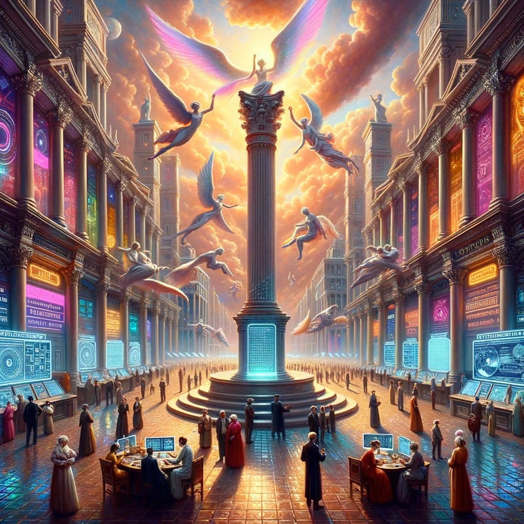 Baroque-style oil painting with cyberpunk hues. A vast marketplace where innovators, entrepreneurs, and strategists, diverse in descent and gender, engage in dialogue and trade. Central to the scene is a monumental pillar, inscribed with the foundational principles of business and governance. Around it, holographic kiosks offer tools for drafting contracts and devising strategies. Above, a neon-lit sky displays Promethean Spirits, unburdened and soaring, signifying freedom from regulatory and financial constraints.