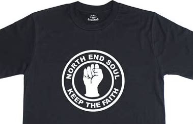Black t-shirt with white text reading NORTH END SOUL KEEP THE FAITH around a raised fist