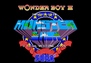 A screenshot of the title screen from the arcade edition of Wonder Boy III: Monster Lair, featuring a black background with the game's logo taking up most of the real estate.