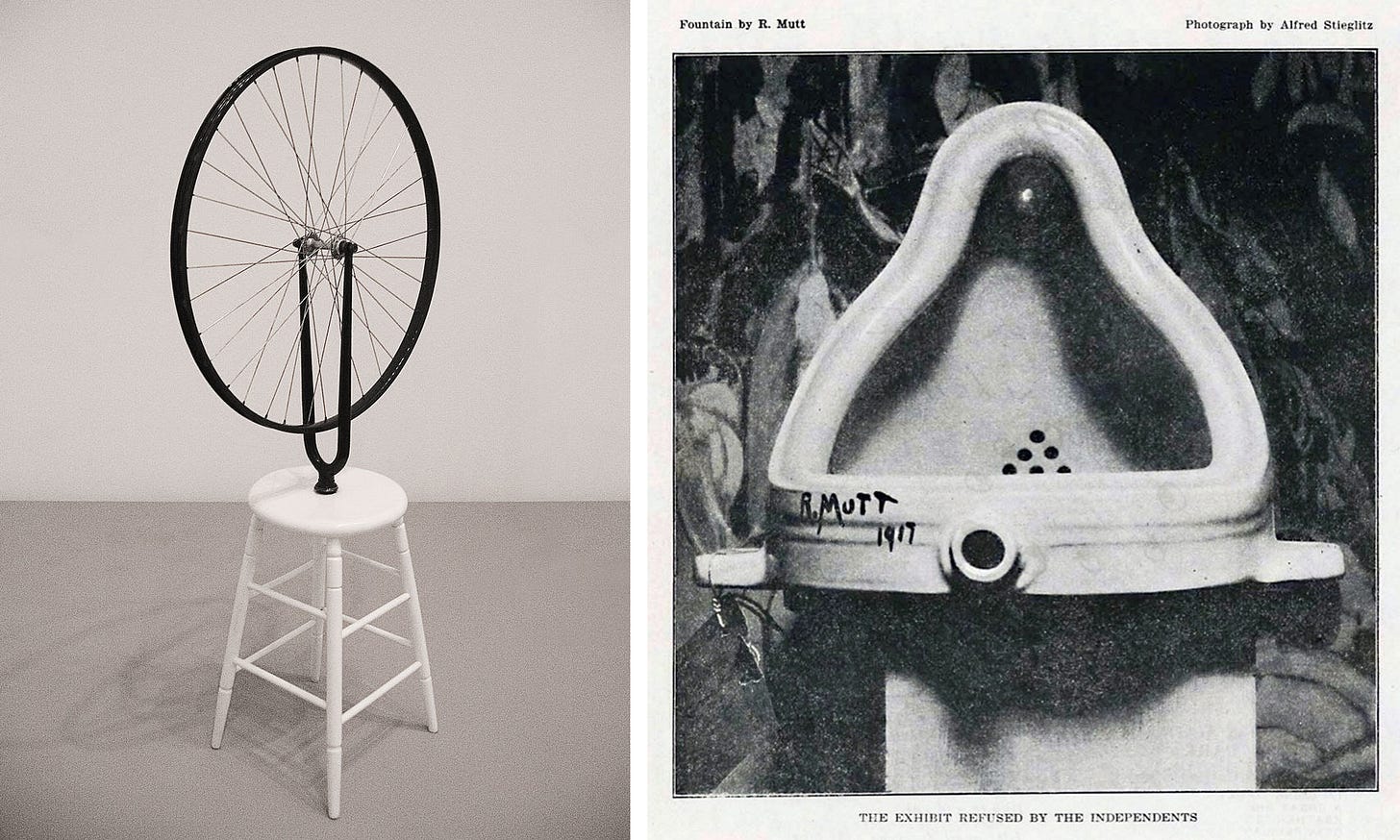 Left: Marcel Duchamp, Bicycle Wheel, original 1913, reproduction 1964, wheel and painted wood, 64.8 x 59.7 cm (Philadelphia Museum of Art) (photo: Stefan Powell, CC BY 2.0); Right: Marcel Duchamp, Fountain (original), photographed by Alfred Stieglitz in 1917 after its rejection by the Society of Independent Artists Left: Marcel Duchamp, Bicycle Wheel, original 1913, reproduction 1964, wheel and painted wood, 64.8 x 59.7 cm (Philadelphia Museum of Art) (photo: Stefan Powell, CC BY 2.0); Right: Marcel Duchamp, Fountain (original), photographed by Alfred Stieglitz in 1917 after its rejection by the Society of Independent Artists