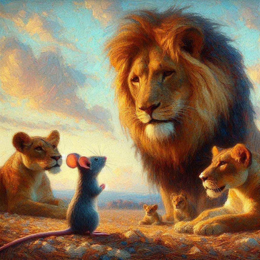 A little mouse addresses a mighty lion with lionesses on either side of him. Impressionist-style.