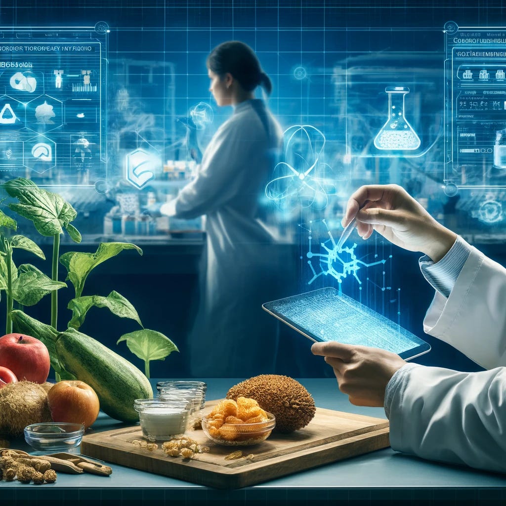 A conceptual illustration showing the themes of food safety, quality, and traceability. The image features a modern laboratory with scientists conducting tests on food samples. One scientist is using a digital tablet that displays a blockchain network, symbolizing traceability. Another scientist is checking the quality of produce with advanced sensors. The background shows charts and graphs related to food safety standards and certifications. The atmosphere conveys a high-tech approach to ensuring food safety and quality in the agricultural sector.