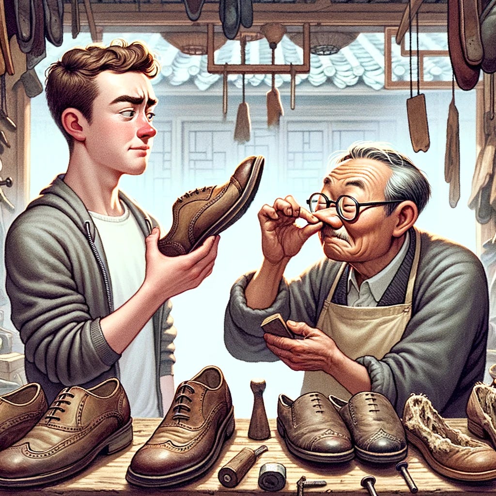 Illustrate a humorous scene at a shoe repair stall in China, focusing on a light-hearted and whimsical atmosphere. A young man, slightly confused, is holding a pair of old, worn-out shoes. The cobbler, an older man wearing glasses, humorously holds his nose with one hand to avoid the smell, perfectly capturing the essence of the situation. The background showcases a traditional Chinese setting, filled with an assortment of shoe repair tools and materials like hammers, nails, and pieces of leather, all arranged in an authentic manner. Ensure the scene is devoid of any writing, written language, signs, or letters, emphasizing the visual humor and cultural context.