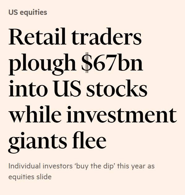 May be an image of text that says "US equities Retail traders plough $67bn into Us stocks while investment giants flee Individual investors buy 'buy the dip' this year as equities slide"