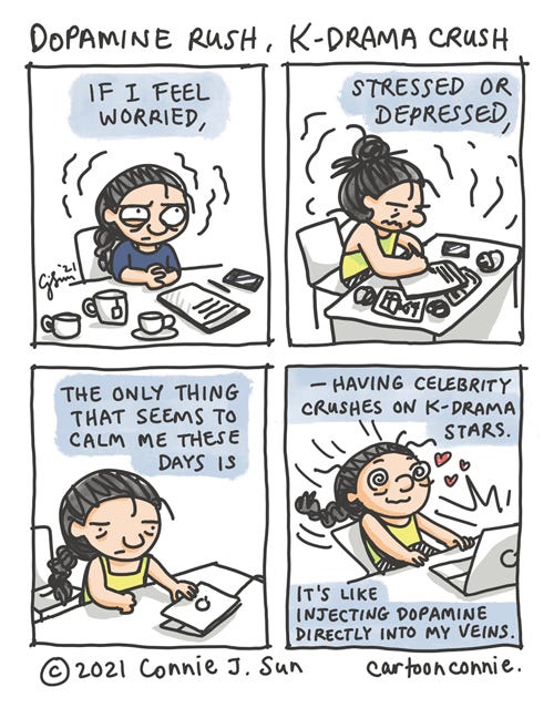 Dopamine Rush, K-drama Crush 4-panel comic of a woman feeling anxious and stressed out, who discovers the stress relief of watching K-dramas. Just for fun sketchbook cartoon, diary comic, by Connie Sun, cartoonconnie