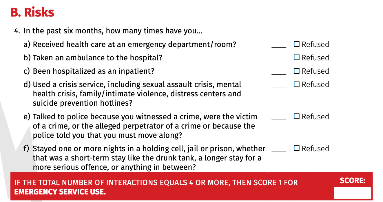 Section of the VI-SPDAT labeled "Risks." (e) mentions being the "alleged perpetrator of a crime" and (f) mentions staying in a jail/prison/drunk tank/etc. At the bottom of the section is an instruction to the assessor: "If the total number of interactions equals 4 or more, then score 1 for emergency service use."
