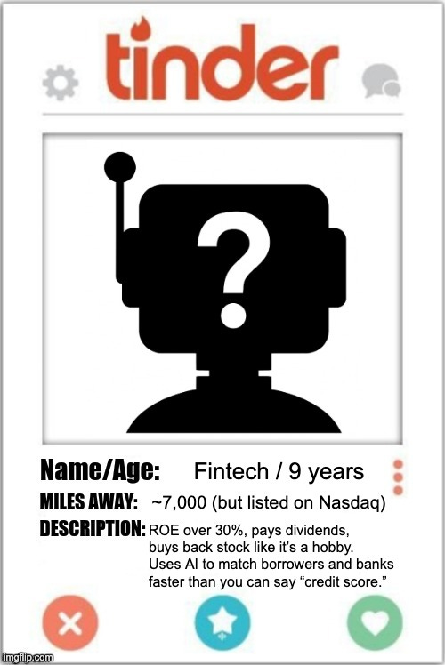 AI-themed Tinder profile meme from Beating the Tide’s deep dive, illustrating how algorithmic lending matches borrowers with banks—just like dating apps match people. A creative fintech stock pick teaser.