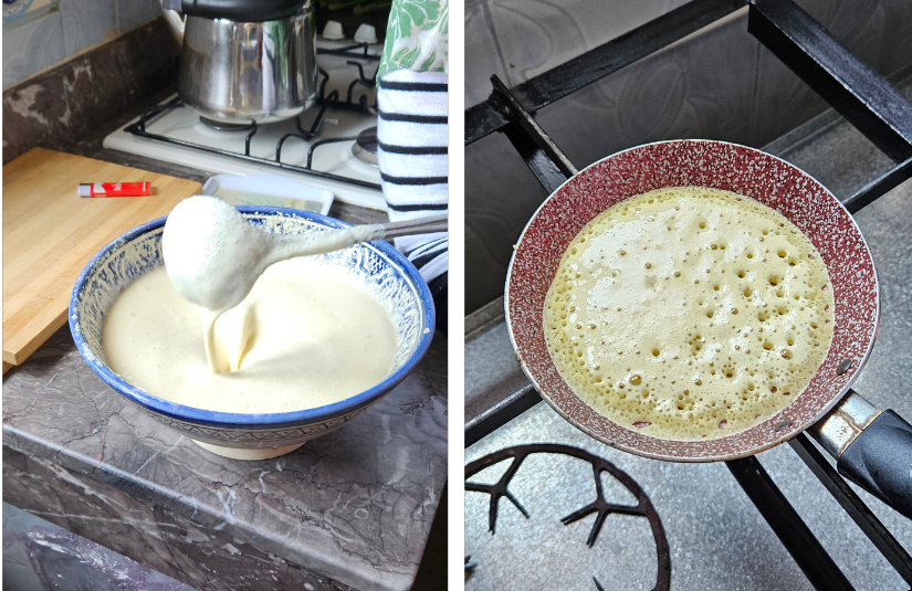 Picture of the batter and a baghrir cooking in the pan