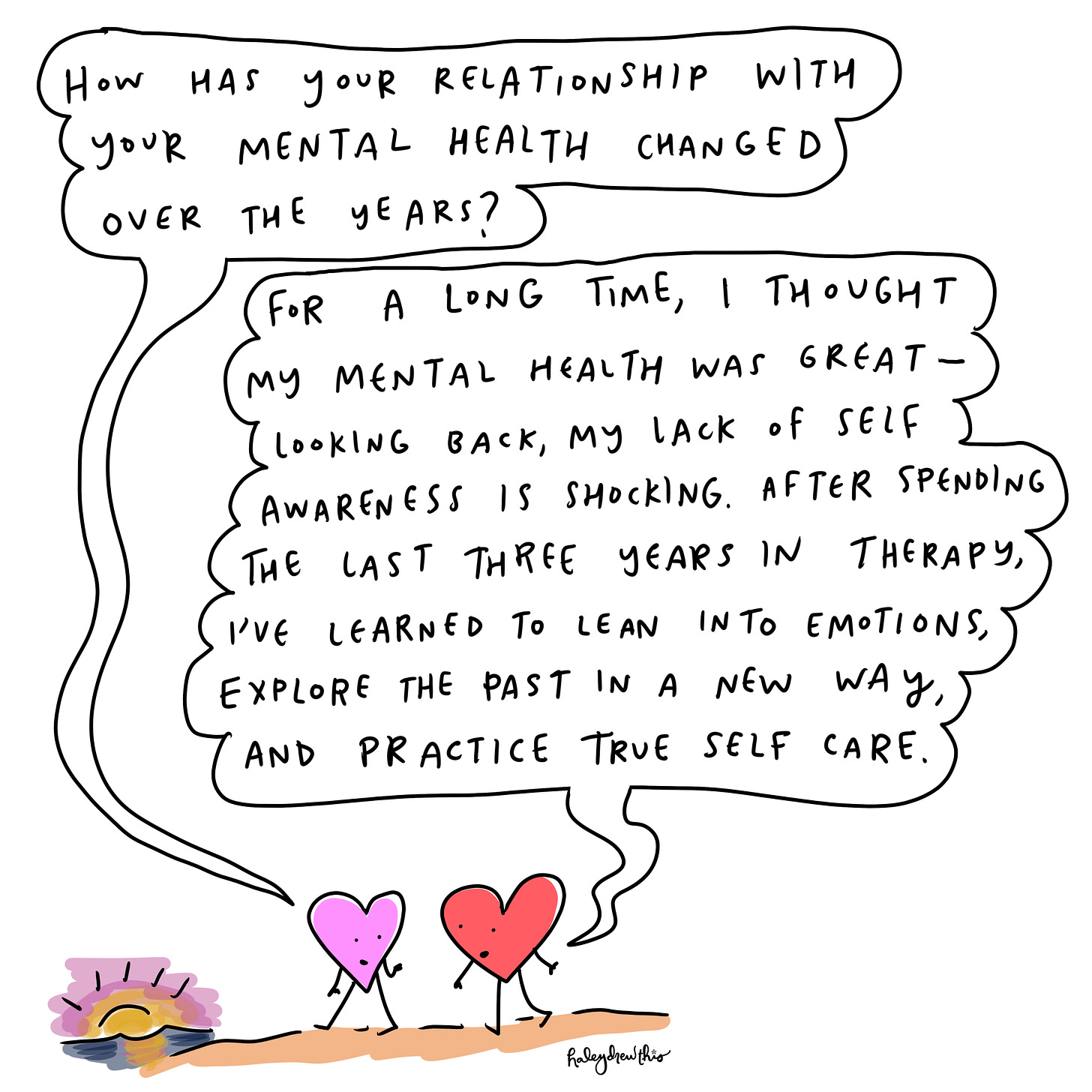 Me: How has your relationship with mental health changed over the years? Mom: For a long time, I thought my mental health was great — my lack of self awareness was shocking! After spending the last three years in therapy, I’ve learned to lean into emotions, explore the past in a new way, and practice true self care.
