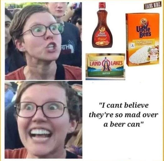 May be an image of 2 people and text that says 'Aum Jemima Uncle BoilhBag LAND R LAKES BUTTER "I cant believe they're so mad over a beer can"'
