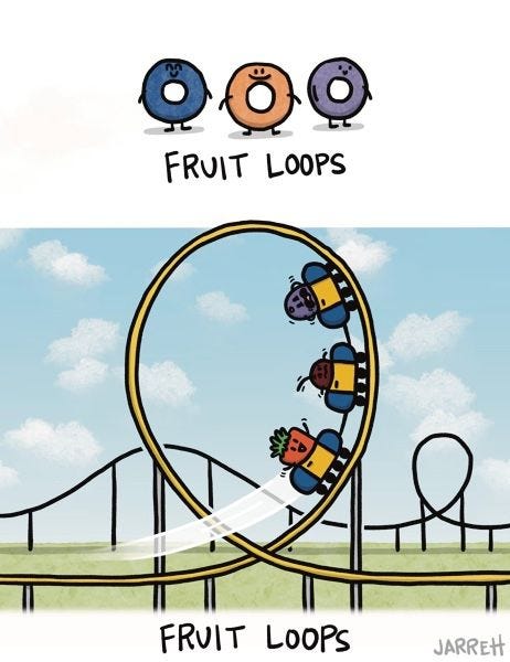 The picture shows three fruit loops holding hands captioned, "fruit loops". The second picture shows three fruits riding a loop in a rollercoaster, captioned "fruit loops"!