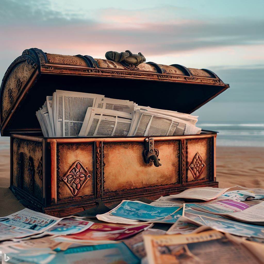 a treasure chest filled with historical newspapers, wideshot, beach in the background