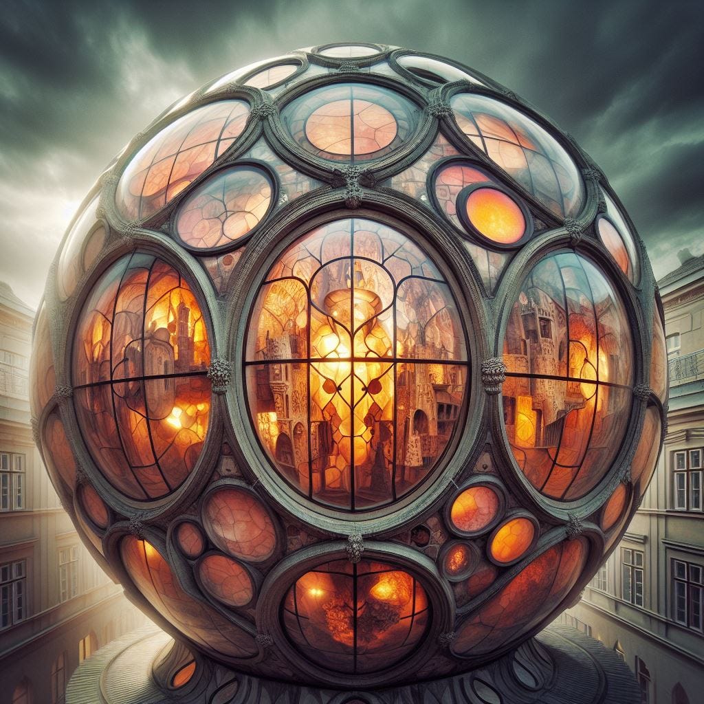 Hyper realistic;tilt shift; giant glass sphere with Quatrefoil on wall inside it : sphere with tan Gothic Tracery inside: coral glowing decorative tiles. sheper contains the Hundertwasserhaus, Vienna, Austria: sphere encloses  wall. Interior stormy light.storm clouds.Tilt shift.ethereal 