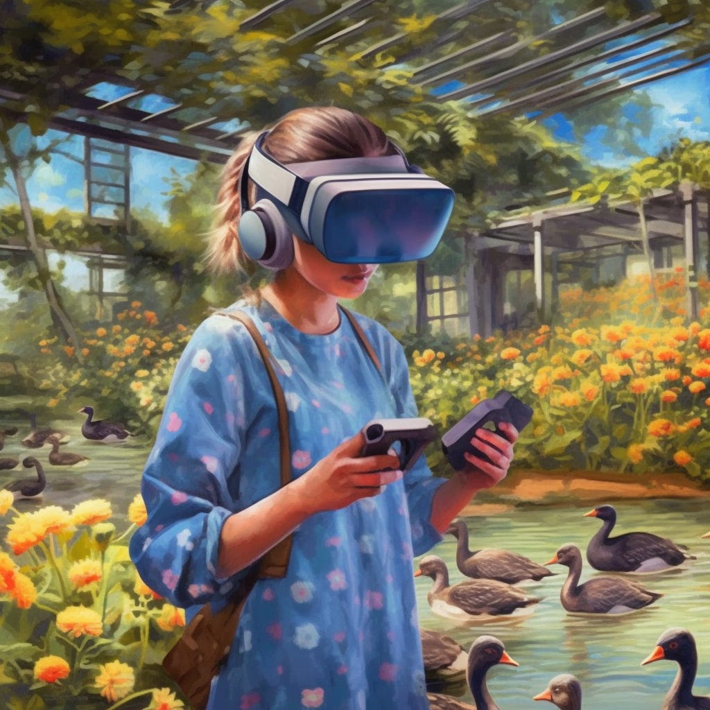 Woman using a VR headset in front of a pond full of geese.