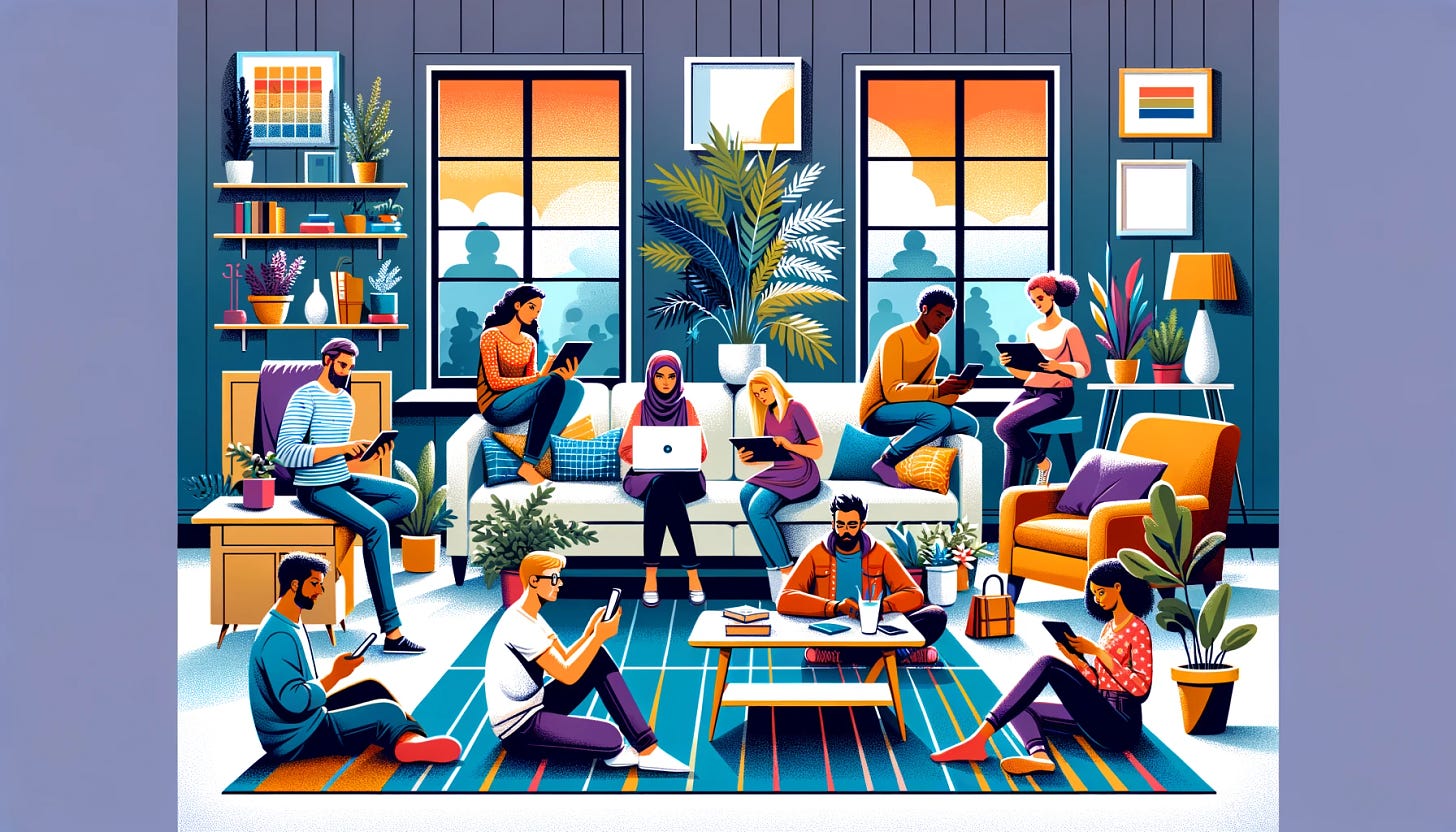 A horizontal, colorful and detailed illustration suitable for a newsletter theme 'How To Cope With Being Extremely Online'. The image features a diverse group of people of various descents and genders, each engaged with different types of digital devices like smartphones, laptops, and tablets. They are in a modern, cozy living room with comfortable furniture and houseplants. The scene conveys a balance between technology use and relaxation, with a window showing a serene outdoor view to contrast the digital engagement. The image should not contain any text or titles.