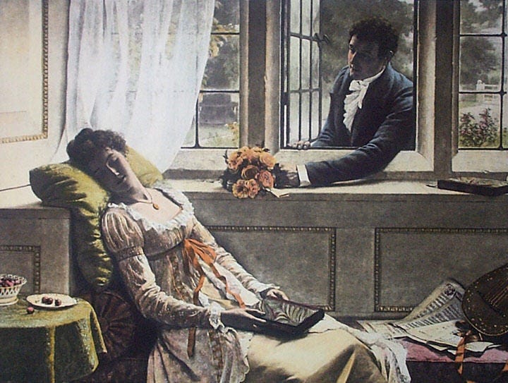Regency woman holding a book while sleeping; there's a suitor at the open window with flowers. 