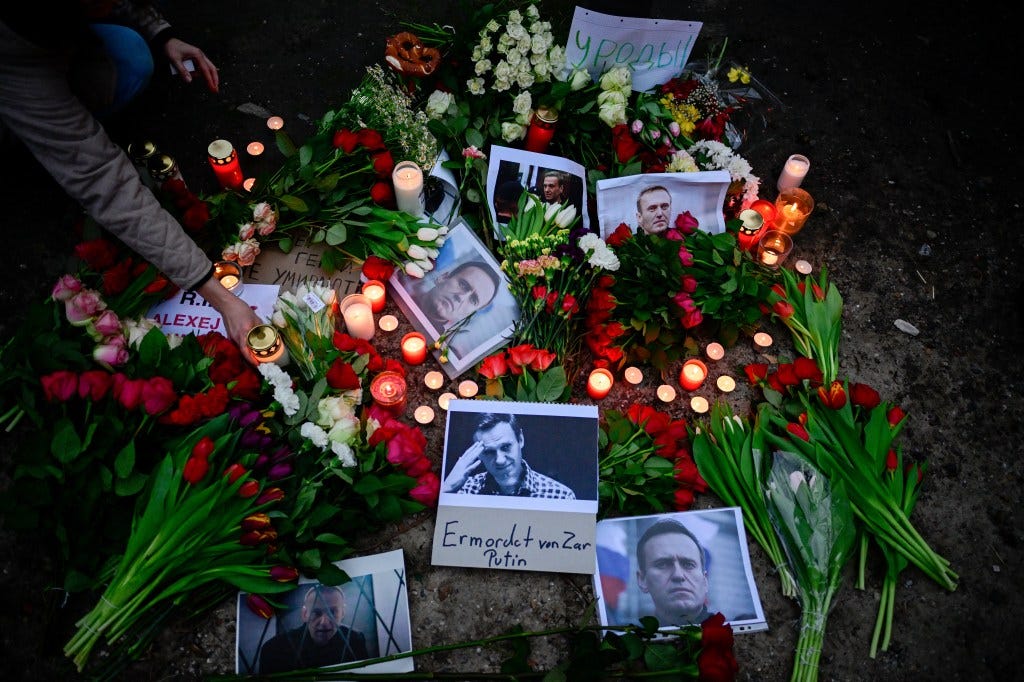 A memorial left for Navalny left outside of the Russian embassy in Berlin on Feb. 16, 2024.