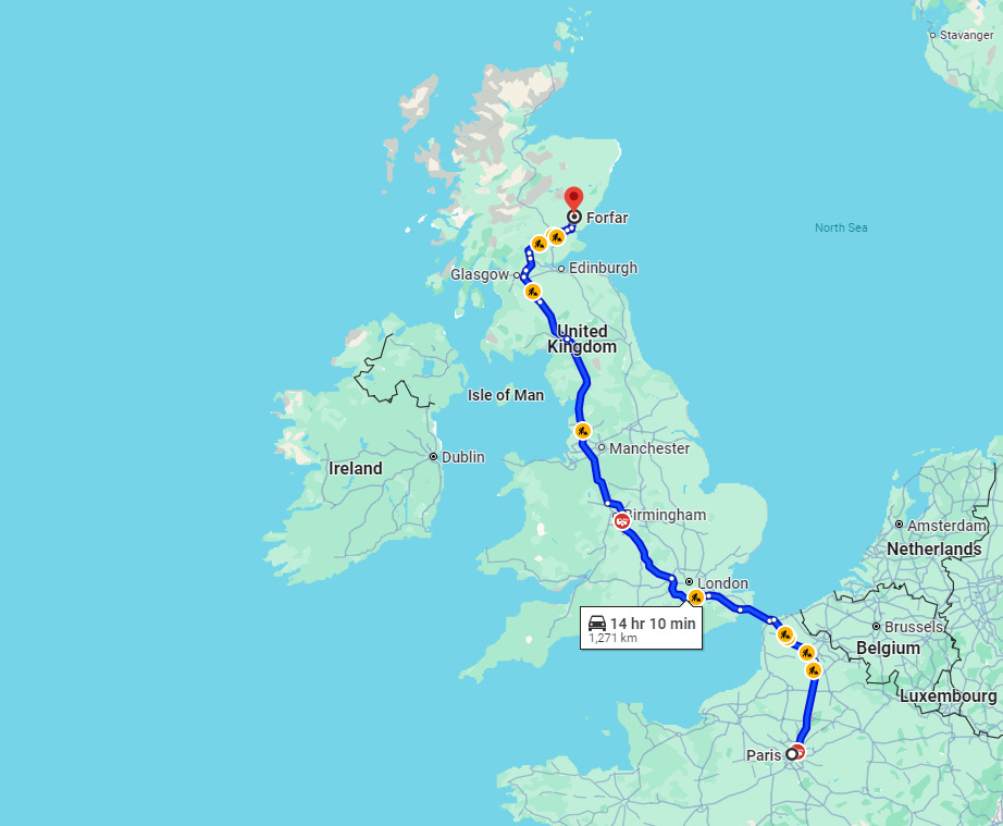 Map of France and Britain showing the road route from Paris to Forfar