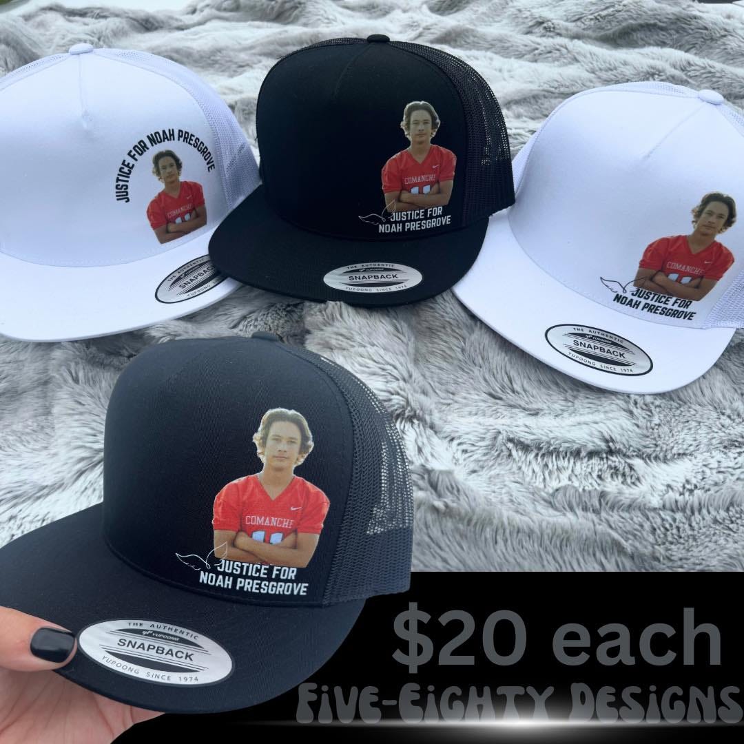 May be an image of 4 people, hat and text that says '0 FOR NDAH PRESGROVE 115 အူ DAHPRESGROVE MDE JUSTICEFOR NOAH JUSTICEFOR WoИЙ USTICEFOR PRESGROVE SHPASS SNAPBACK COMANCHE JUSTICE FOR NOAH PRESGROVE HEAUTHENTIE SNAPBACK TUPOUNG SINCE 1974'