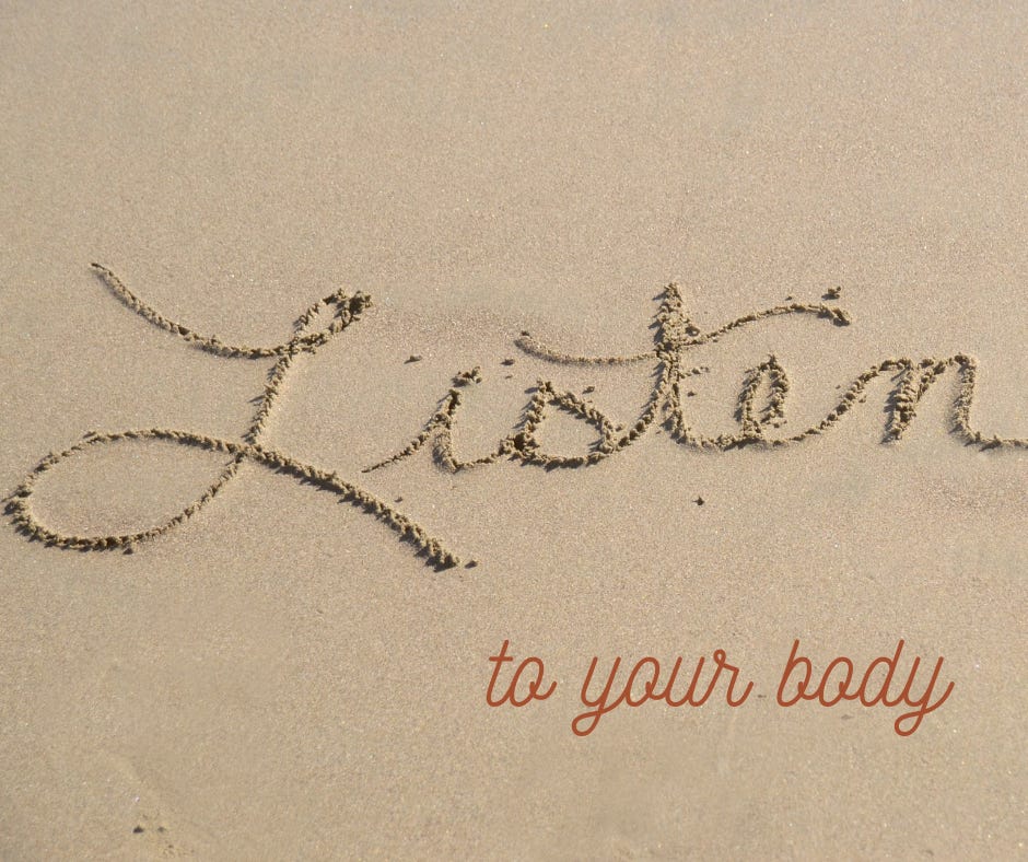 the word listen written in the sand and an added caption saying 'to your body'