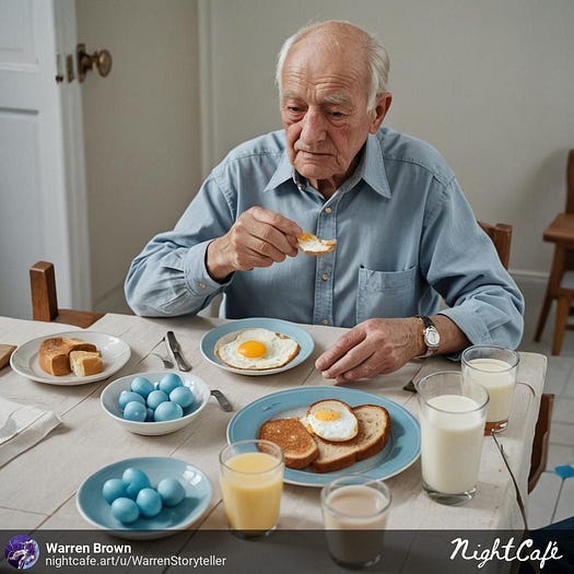 Man having breakfast with blue eggs.