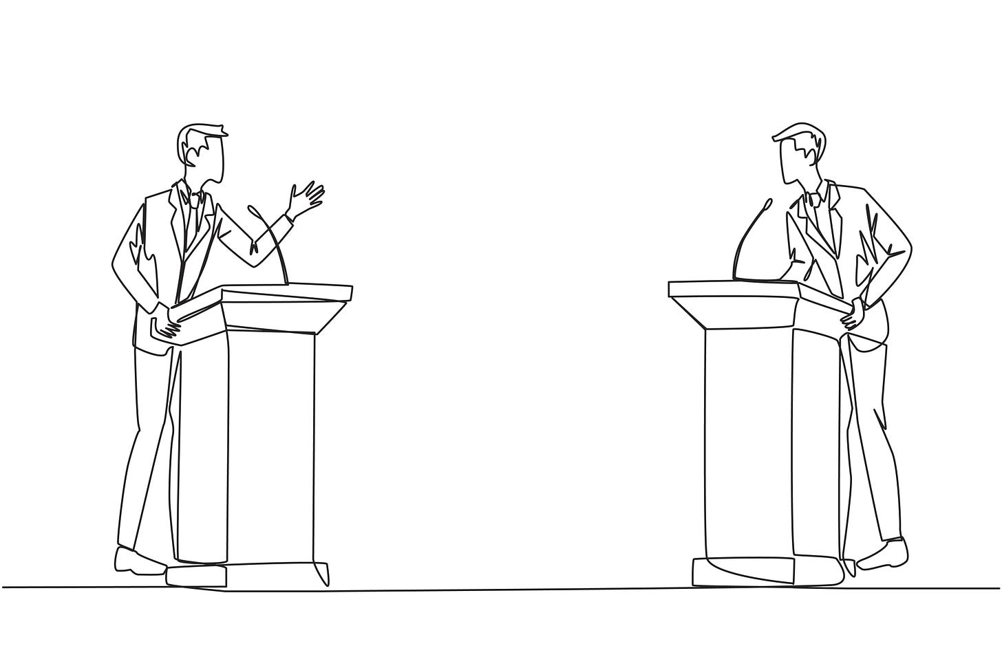 line art of two men standing at lecterns debating one another