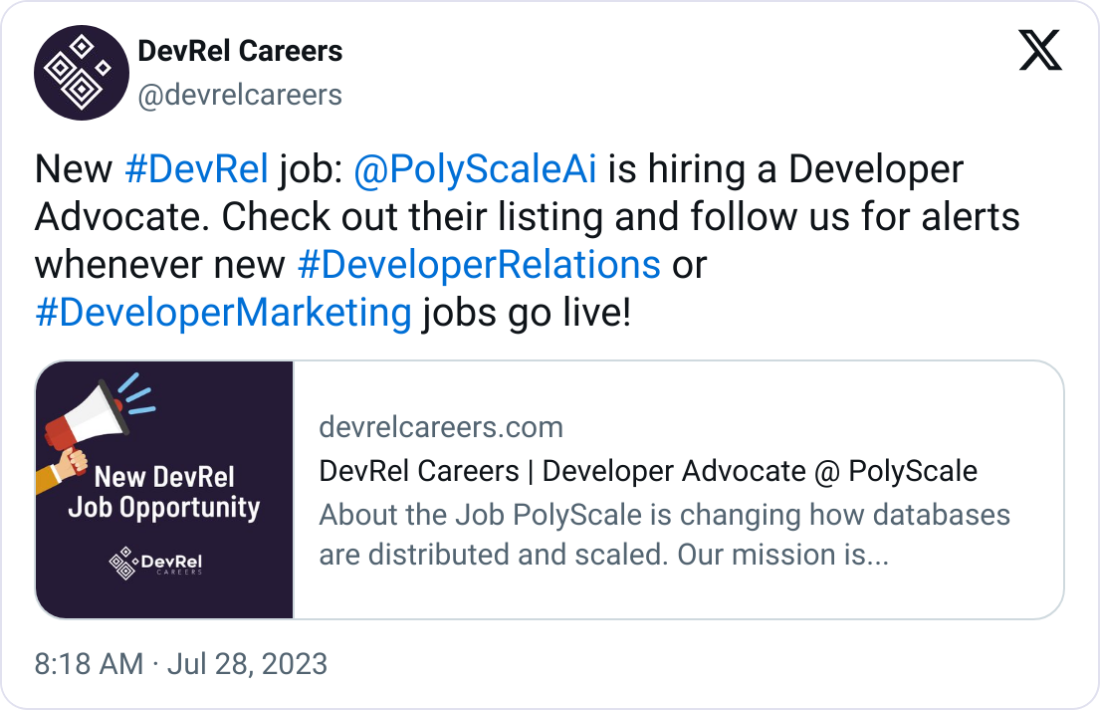  DevRel Careers @devrelcareers New #DevRel job:  @PolyScaleAi  is hiring a Developer Advocate. Check out their listing and follow us for alerts whenever new #DeveloperRelations or #DeveloperMarketing jobs go live!
