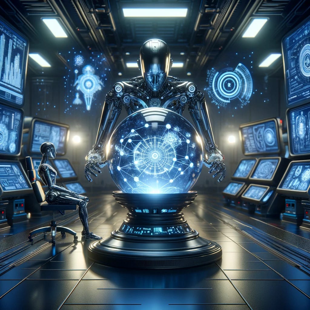 A futuristic scene depicting a super AI predicting the future using a crystal ball. The setting is a high-tech laboratory with glowing screens and digital data displays. In the center, a robotic figure, sleek and metallic, sits before a large, glowing crystal ball. The room is dimly lit, except for the light emanating from the crystal ball and various screens, casting a mystical aura. The AI has a humanoid shape but with intricate, mechanical details and is surrounded by floating holographic symbols and numbers.