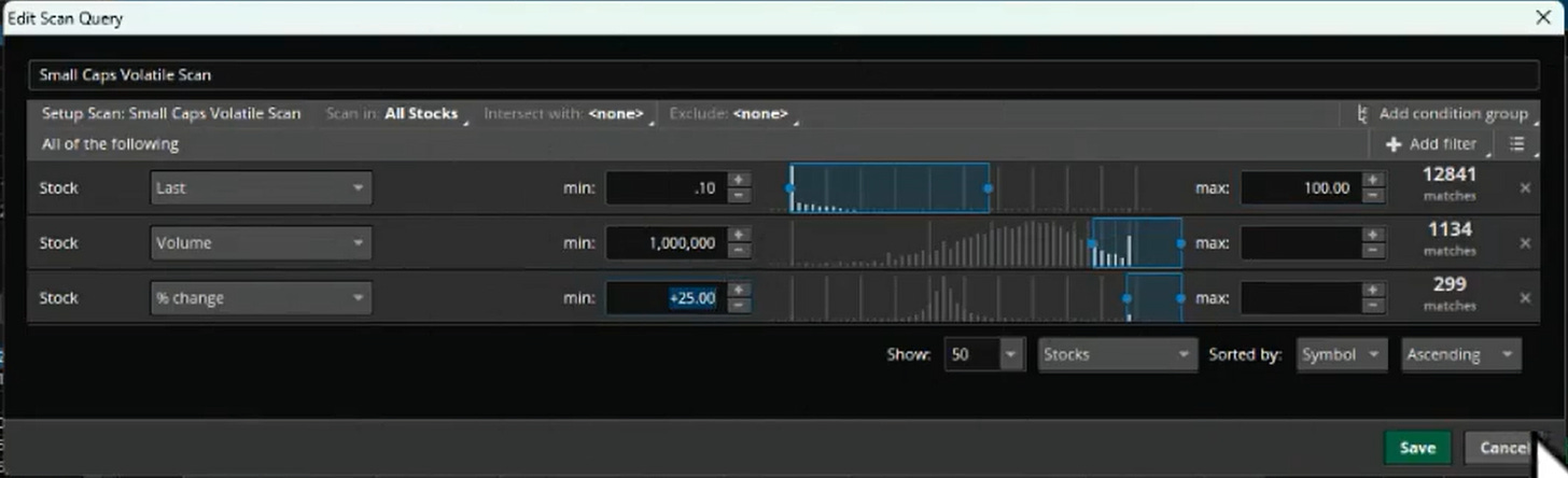 Think or Swim Scanner - Small Cap Volatility Scan