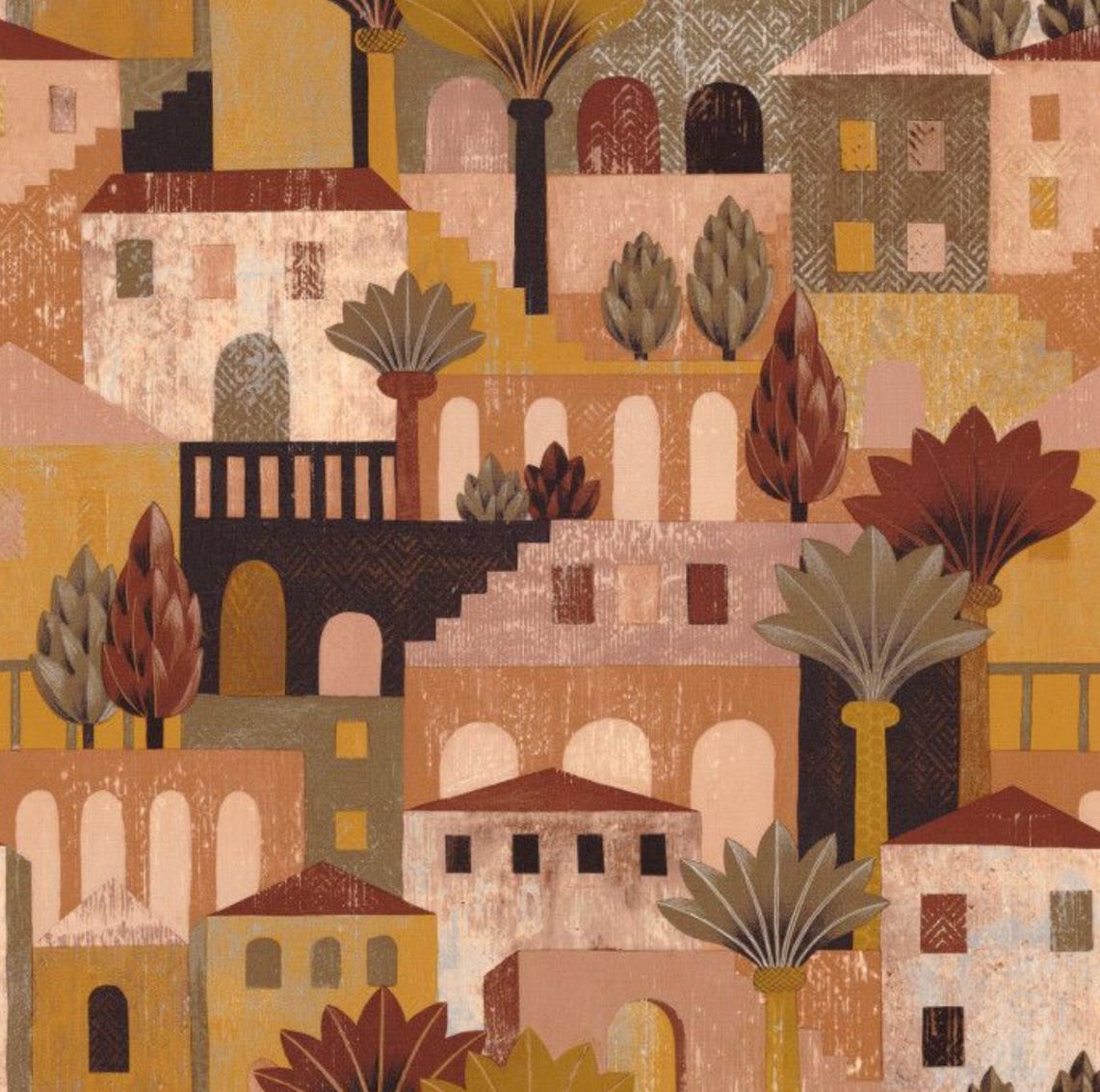 wallcovering of a mediterranean village in autumn tones of yellow and rustic reds