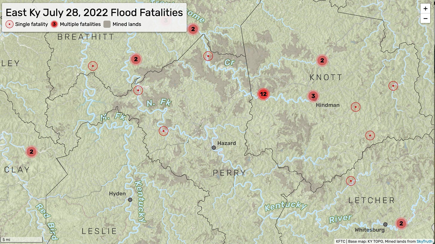 interactive map plotting July 28 flood fatalities and strip mines in eastern Kentucky