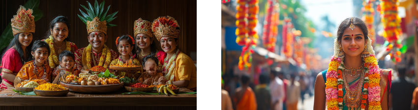 Two festive scenes: the left shows a joyful group of people, including adults and children, dressed in colorful traditional attire and ornate headpieces, gathered around a table filled with a variety of festive foods. The right features a young woman adorned with floral garlands and traditional jewelry, smiling against a vibrant background of a decorated street lined with marigold garlands and blurred festival-goers.