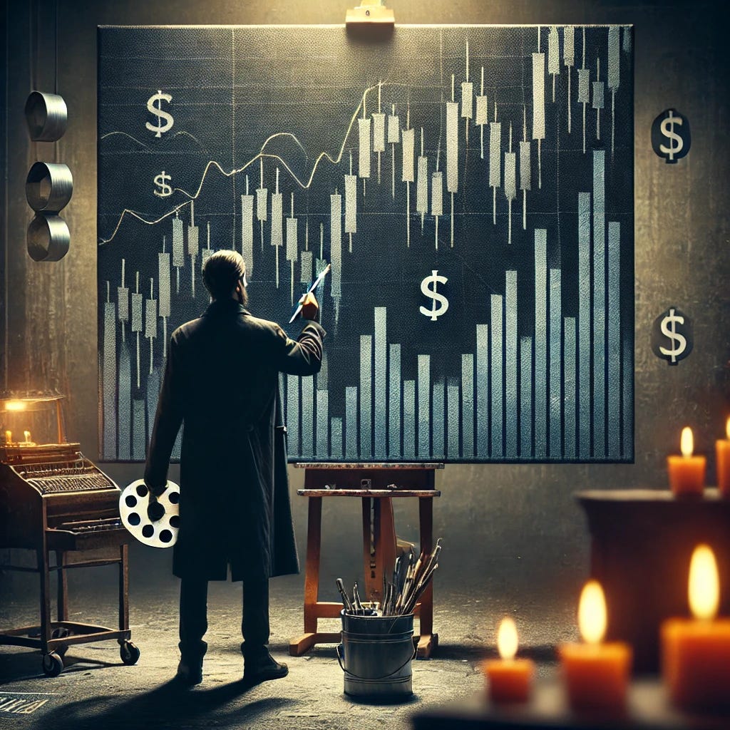 A mysterious figure, dressed in dark clothing, seen from behind while painting a financial stock chart onto a large canvas. The atmosphere is moody and dramatic, with dim lighting and a focused spotlight on the canvas. The chart being painted has bold candlestick patterns, evoking the sense of an artist shaping the markets. The setting is an art studio with a financial twist, featuring subtle elements like a ticker tape machine and stock market symbols in the background.