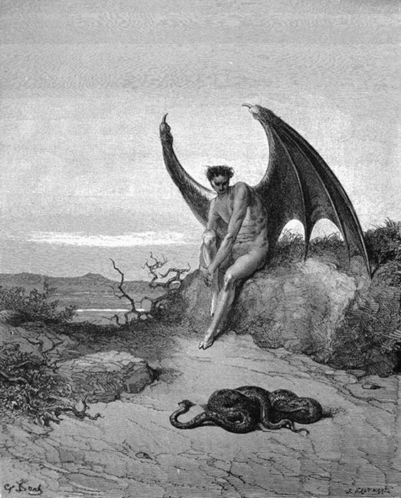 Gustave Doré, illustration to Paradise Lost"... he [Satan] held on /His midnight search, where soonest he might finde /The Serpent: him fast sleeping soon he found ..."(Public Domain)