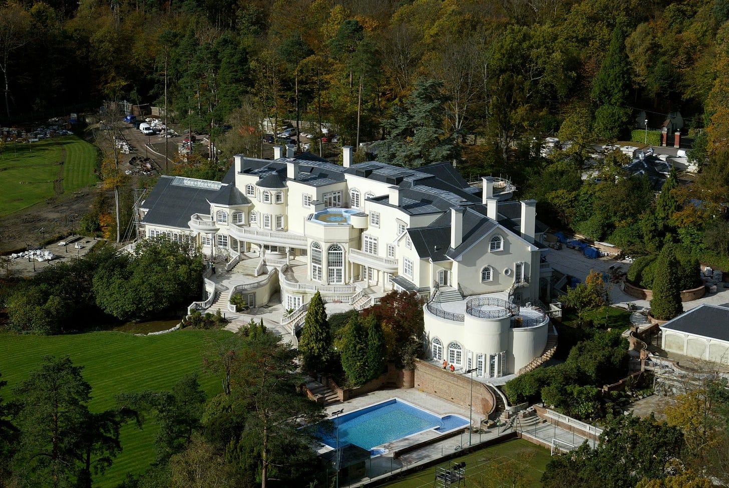 Picture taken from the air of Updown Court, a neo-classical mansion in Surrey often described as 'the most expensive house in the world.'