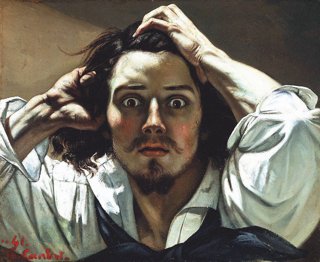 The painter confronts the viewer in this self portrait painting of Gustave Courbet