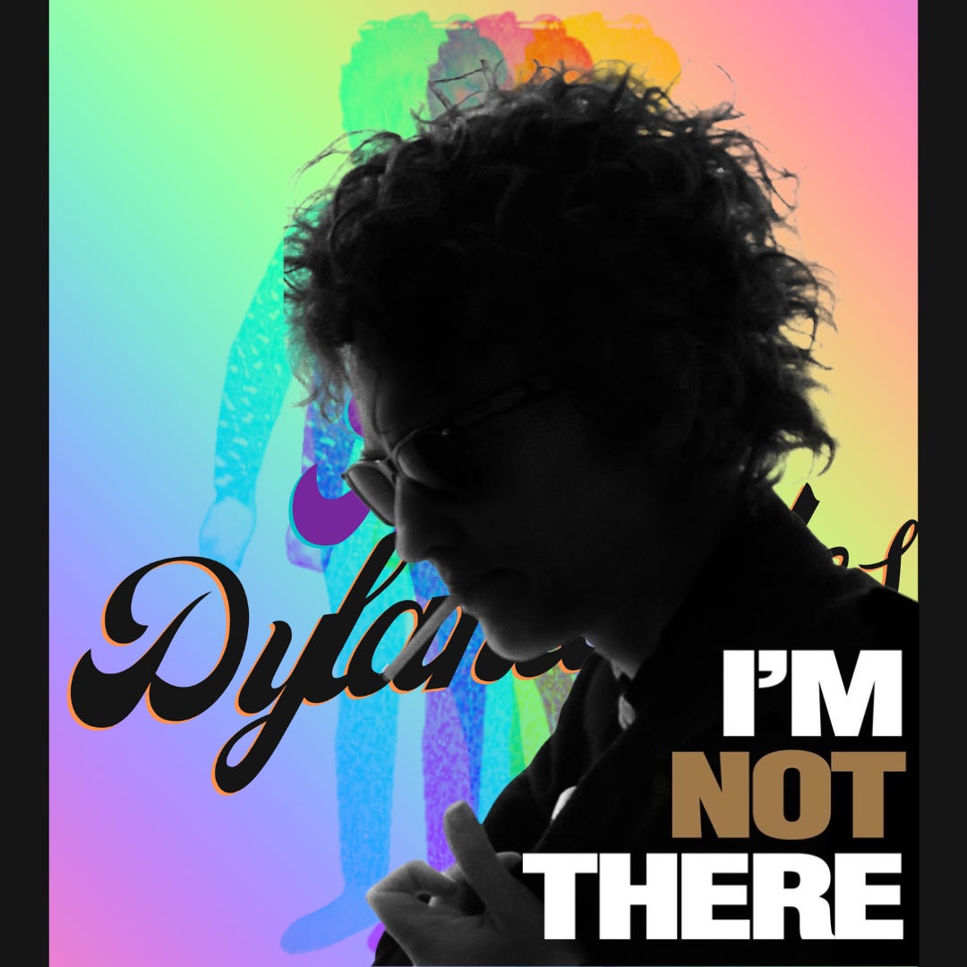 silhouette of Cate Blanchett as Bob Dylan looking down and smoking a cigarette. the image is superimposed over the Dylantantes logo.